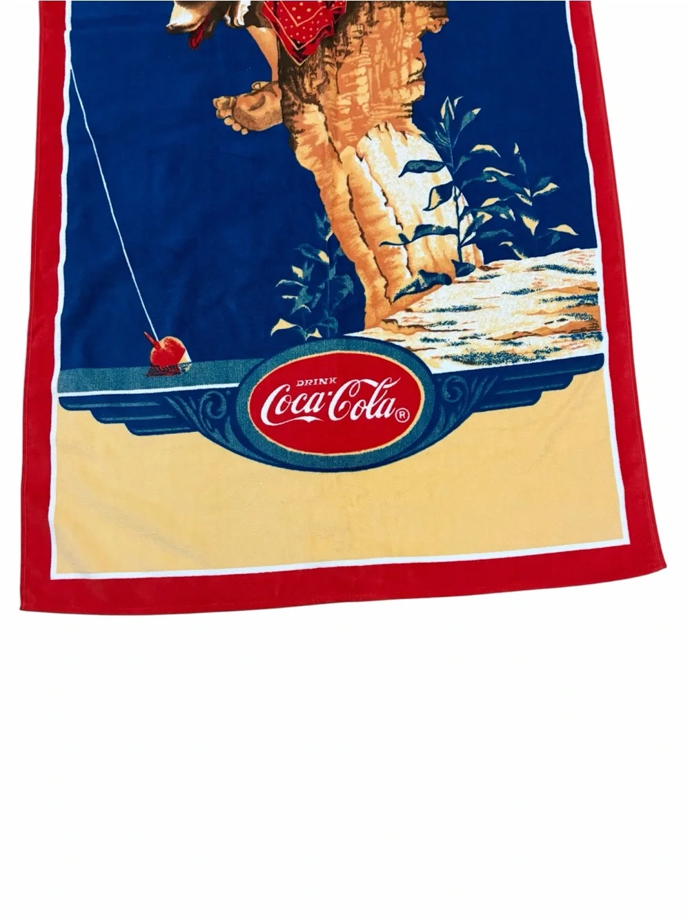 VTG NWT Coca Cola Boy Fishing With Dog Beach Towel 1989 Graphic Summer